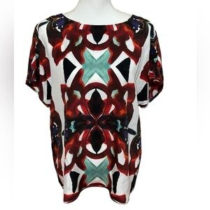 Marie Oliver Multicolor Abstract Print 100% Silk‎ Short Sleeve Blouse